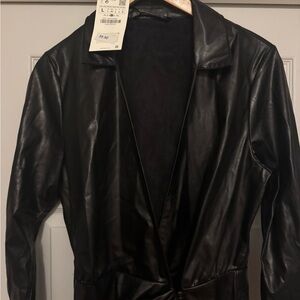 Zara Sleek Black Faux Leather Long Sleeve Dress